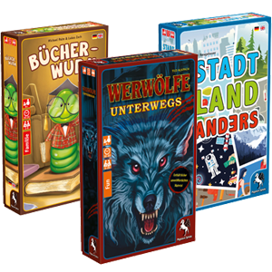 Pegasus Poket-Play Reihe angekündigt„Werwölfe Unterwegs“, „MindMaze Mix“, „MindMaze Verwickelte Rätsel“, „Bücherwurm“ und „Stadt Land Anders“.